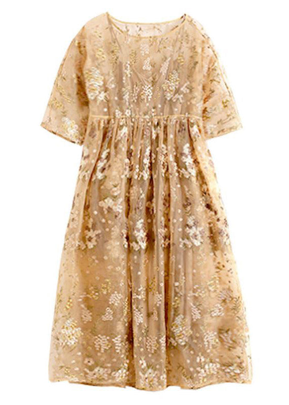 Floral Embroidery Mesh Overlay Round Neck Short Sleeve Empire Waist A-Line Midi Dress