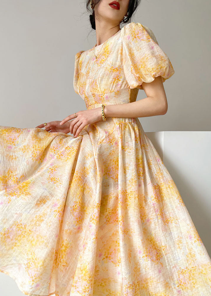 Round Neck Puff Sleeve Floral Fit and Flare Midi Dress
