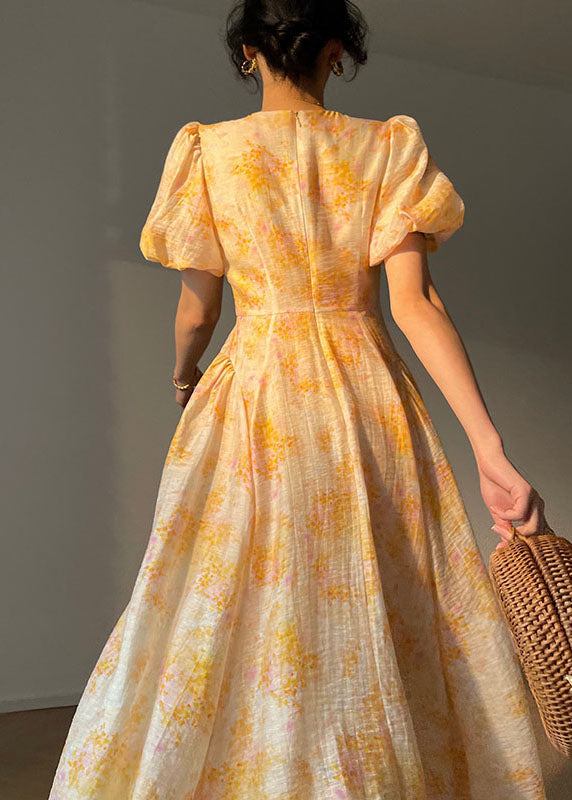 Round Neck Puff Sleeve Floral Fit and Flare Midi Dress