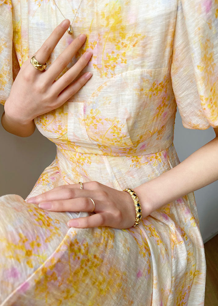 Round Neck Puff Sleeve Floral Fit and Flare Midi Dress