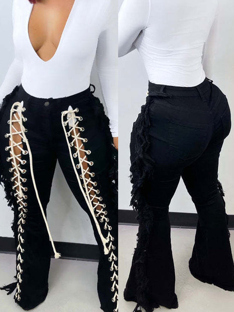 High Waist Lace Up Side Cut Out Frayed Flare Jeans 10