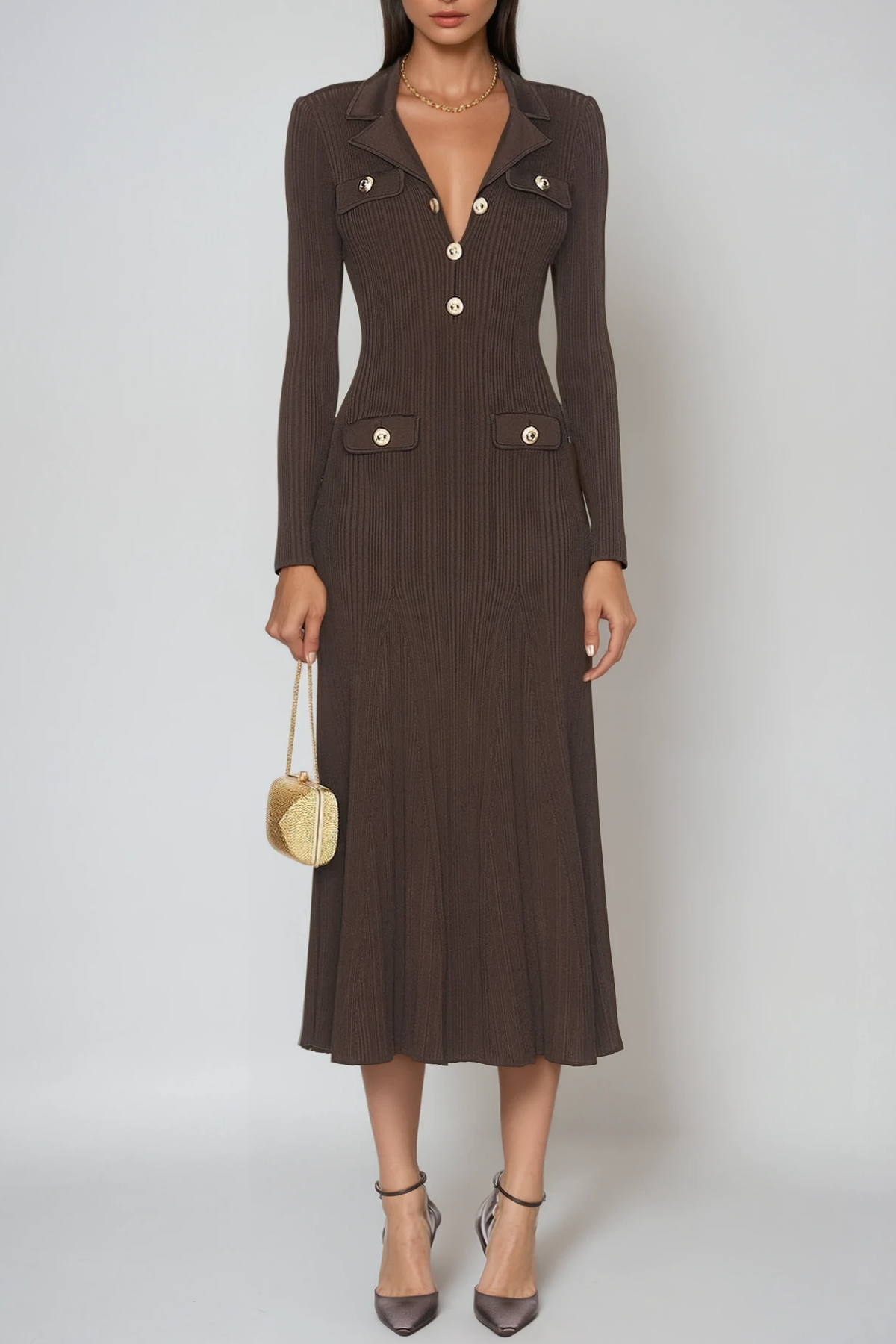 V Faustin Neck Button Knit Midi Dress