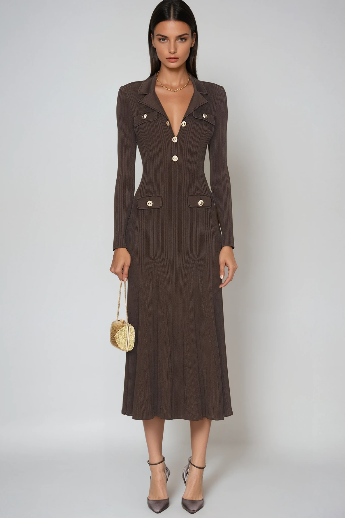 V Faustin Neck Button Knit Midi Dress