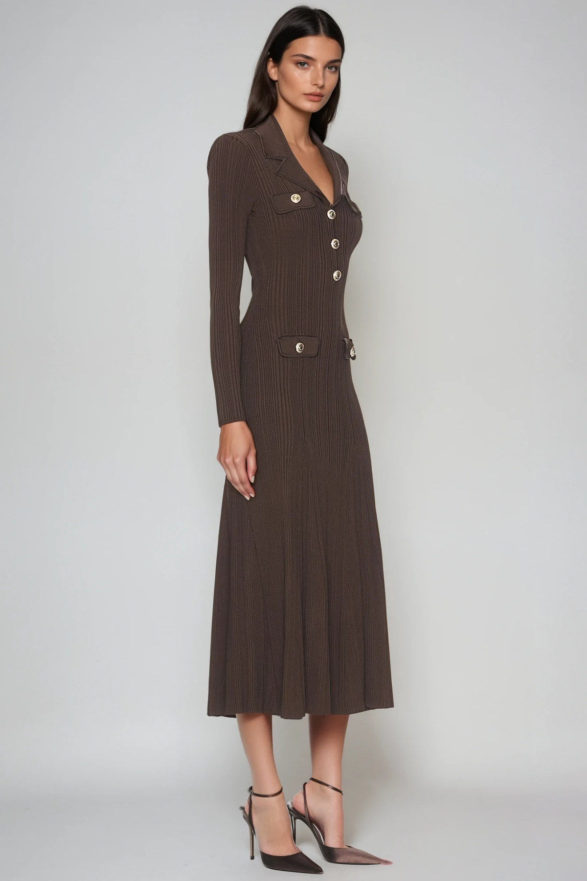 V Faustin Neck Button Knit Midi Dress