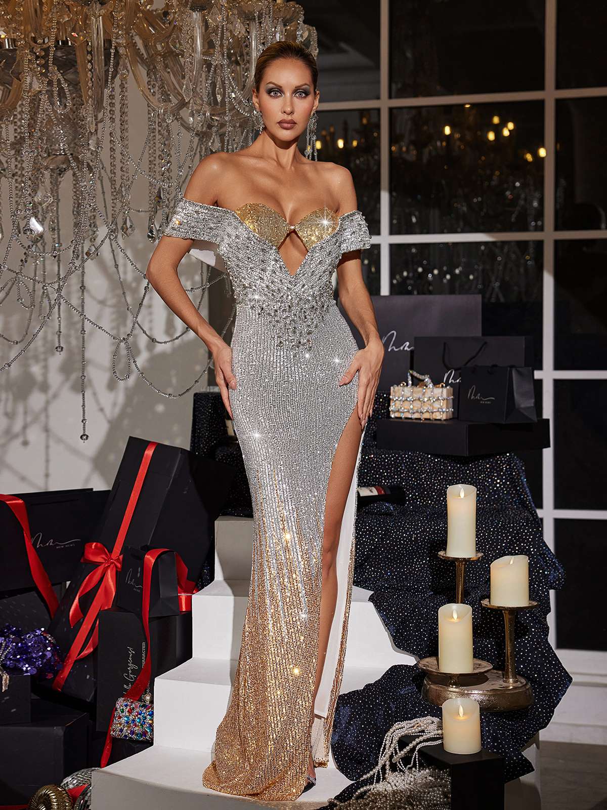 Off Shoulder Cutout Sequin Maxi Dress