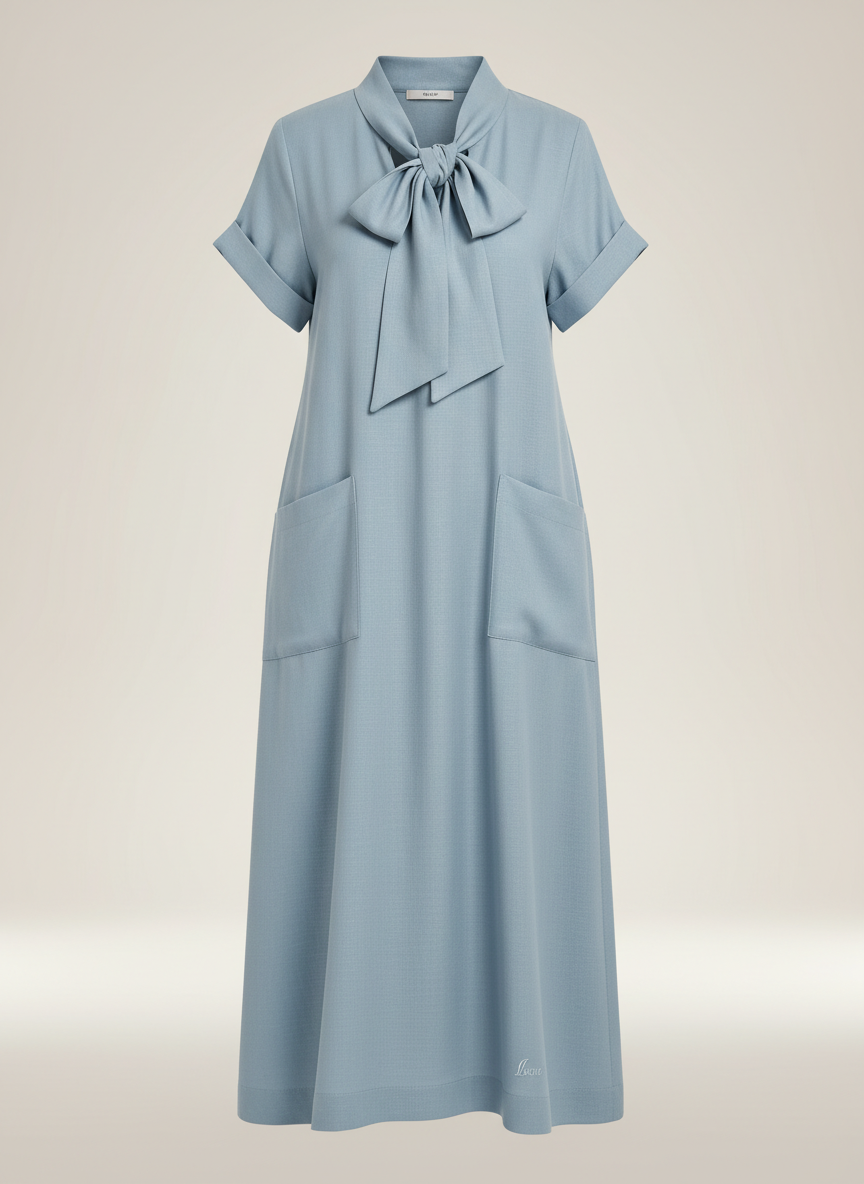 Tie Neck Short Sleeve Pocket Midi Dress