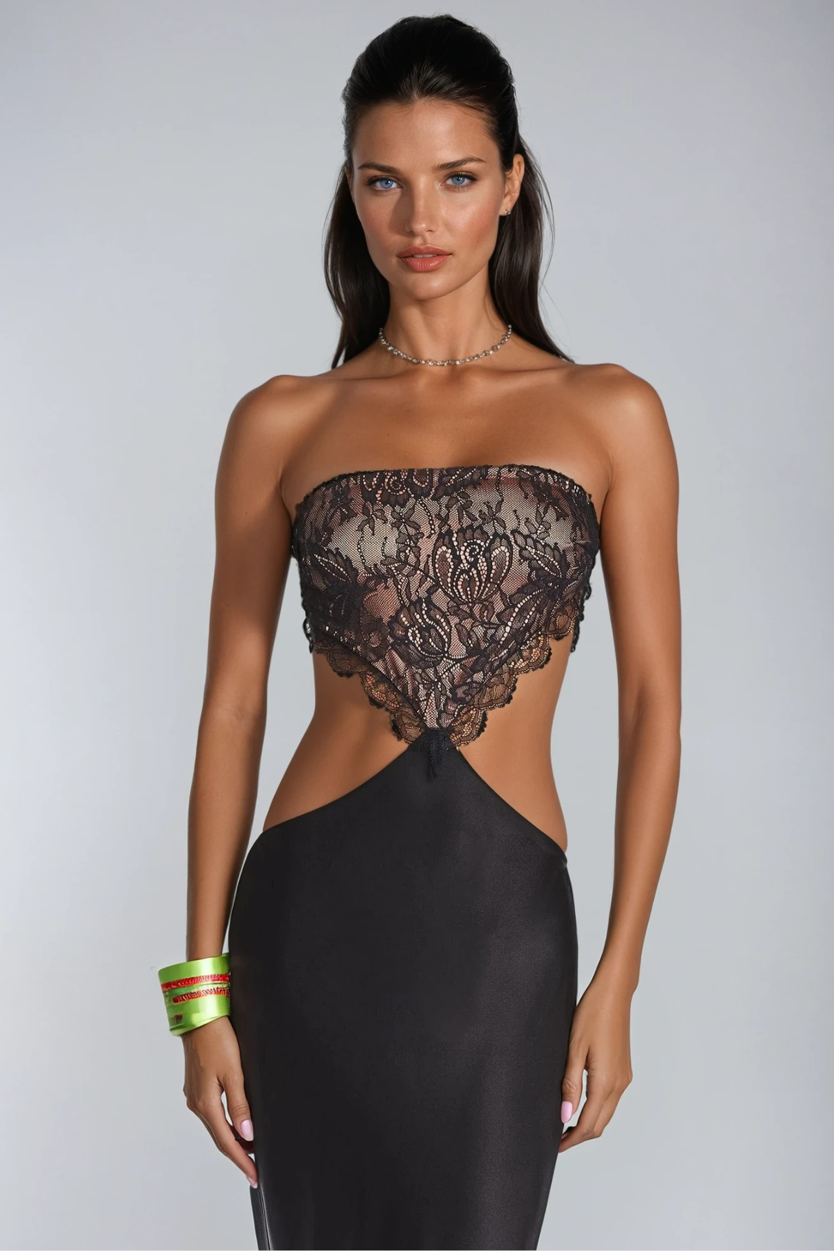 Strapless Lace Bodice Cut Out Waist Satin Maxi Gown 4