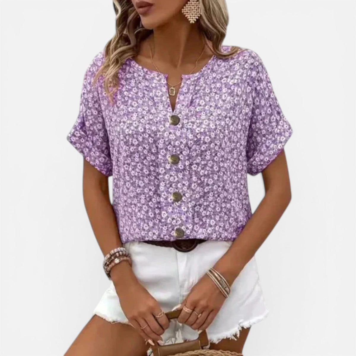 Ditsy Floral Split Neck Button Front Short Sleeve Blouse