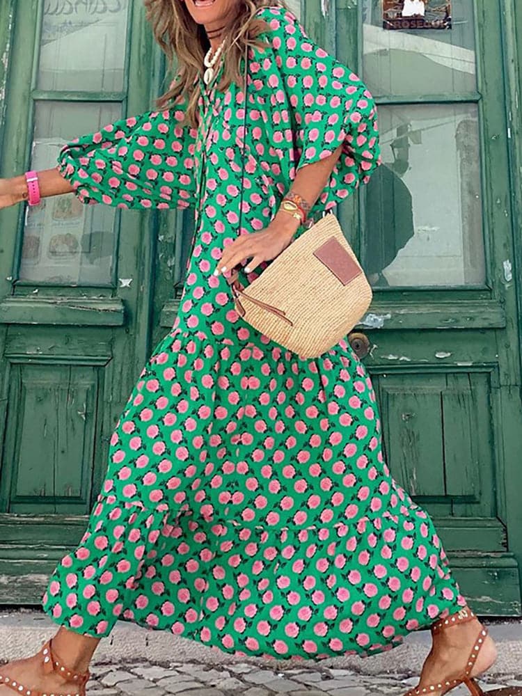 Female Loose V Neck Bohemian Long Dress