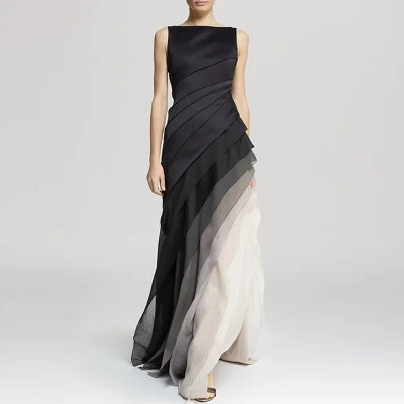 Sleeveless Boat Neck Diagonal Pleated Tiered Maxi Gown
