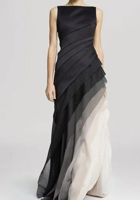 Sleeveless Boat Neck Diagonal Pleated Tiered Maxi Gown