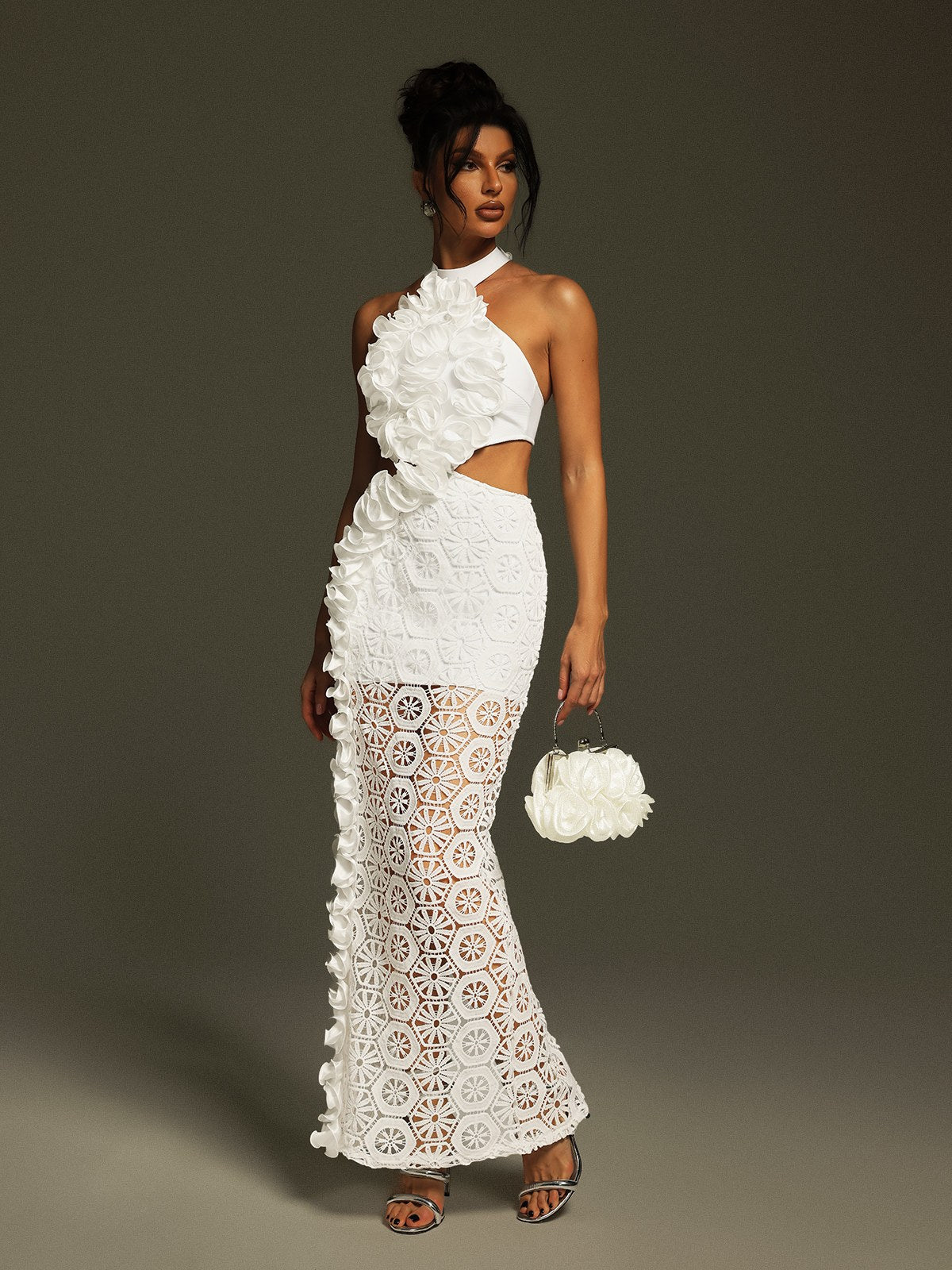 Halter Neck Rosette Bodice Waist Cut Out Lace Eyelet Ruffle Side Maxi Dress