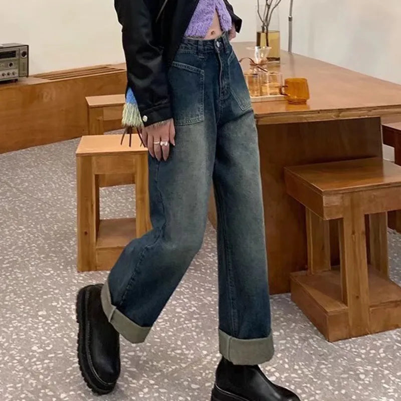 High-Waist Vintage Washed Wide-Leg Denim Jeans