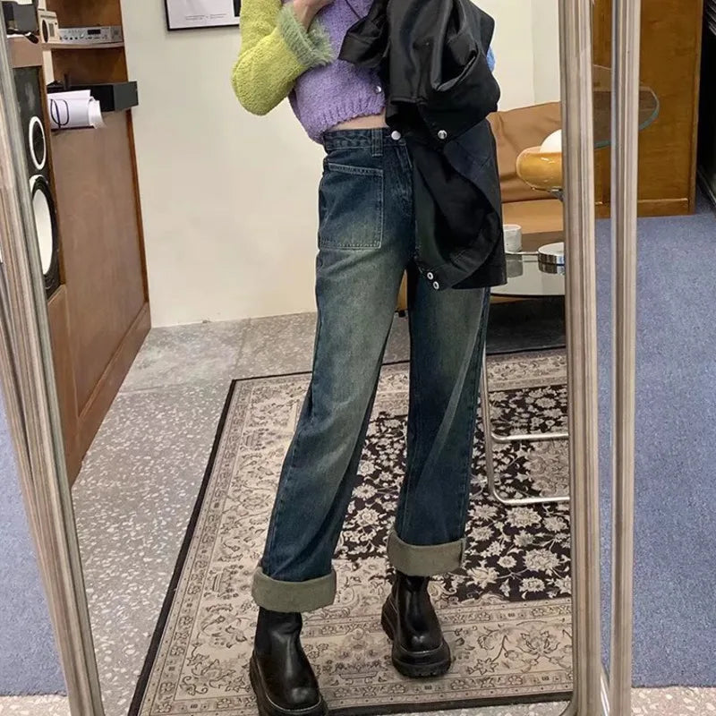 High-Waist Vintage Washed Wide-Leg Denim Jeans