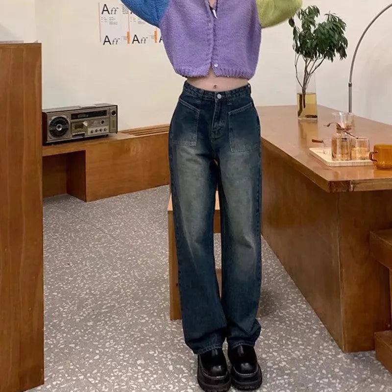 High-Waist Vintage Washed Wide-Leg Denim Jeans