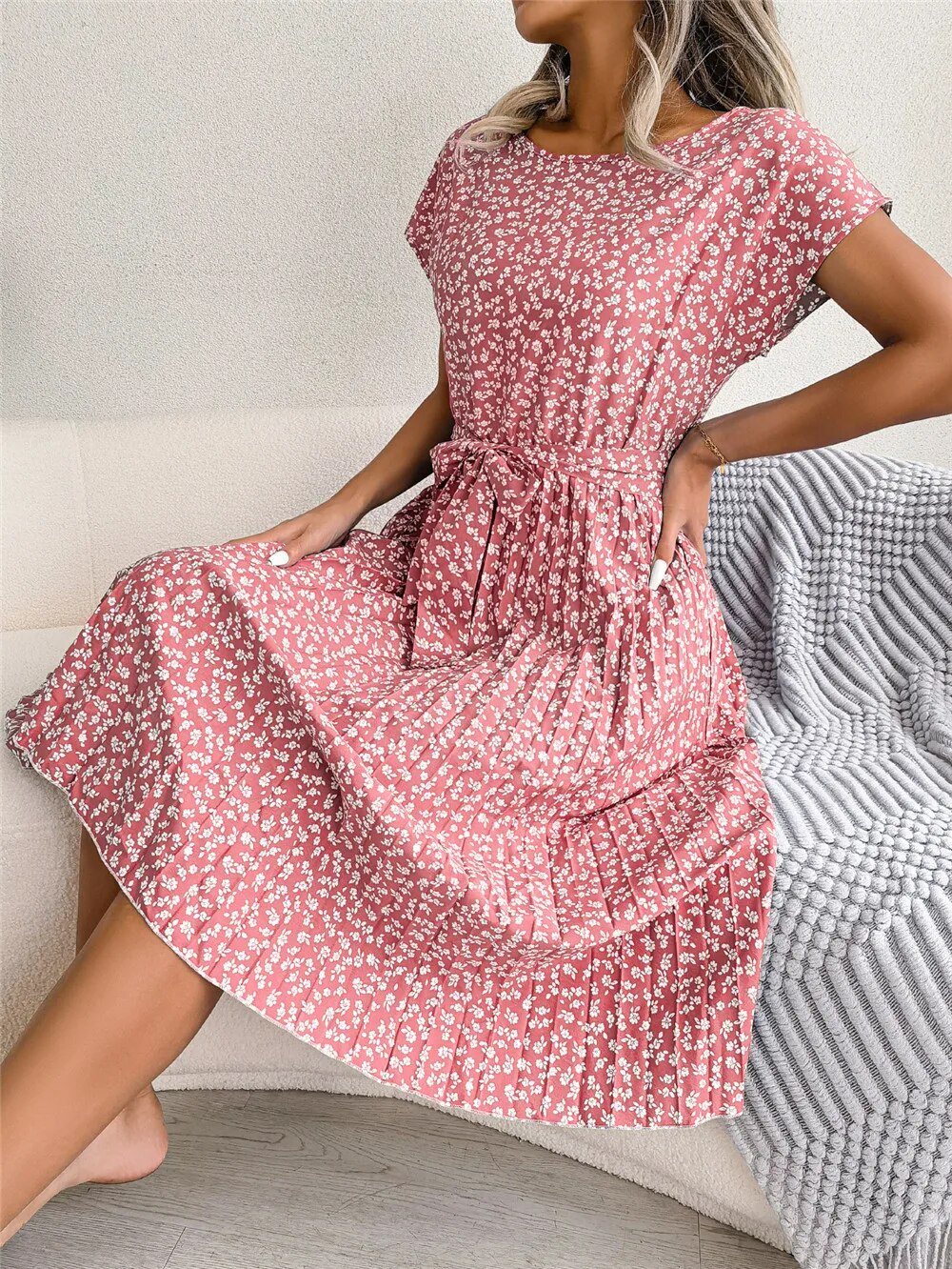 Nara Pleated Dress with Floral Pattern for Women Streetwear Style