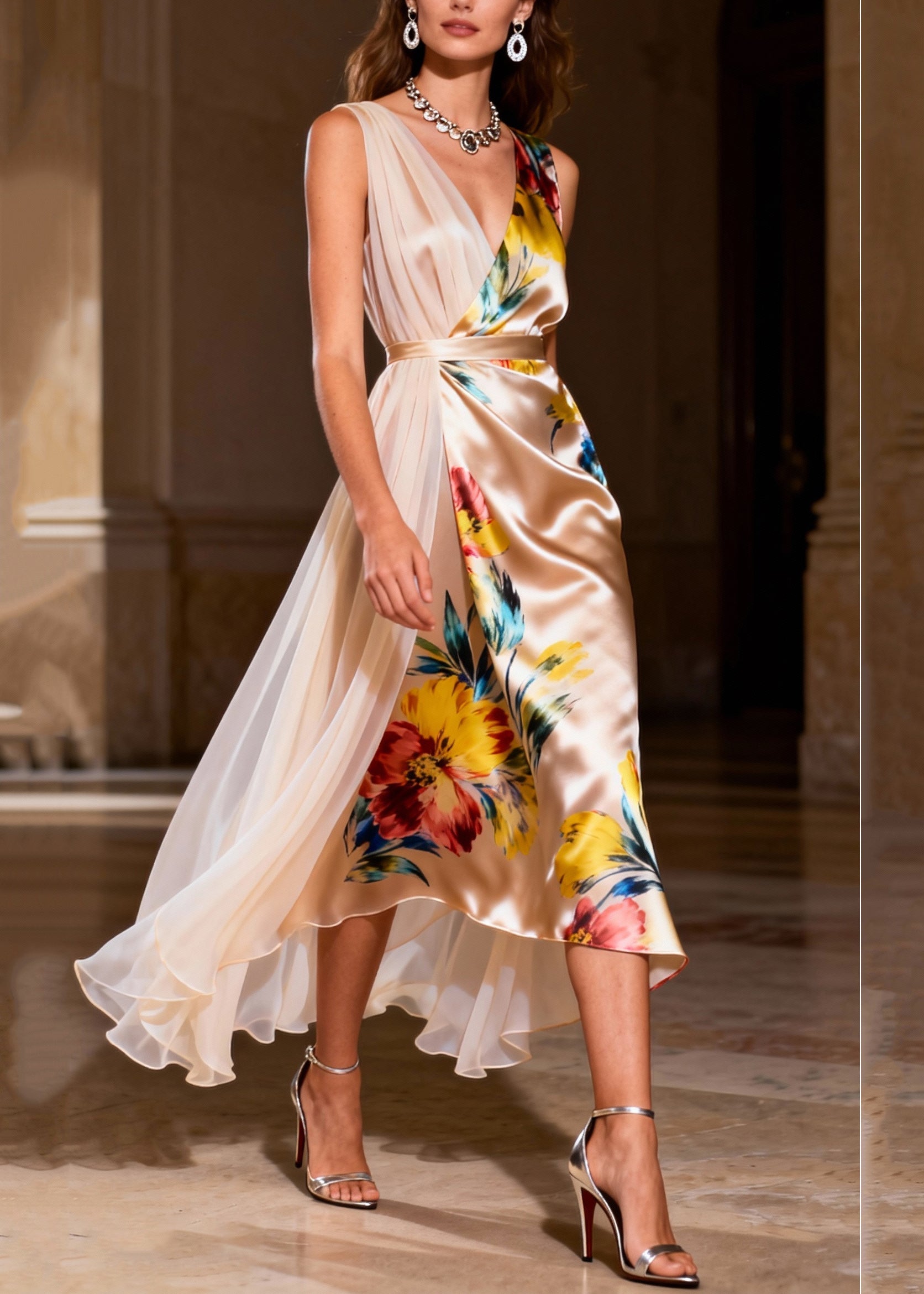 Floral Print Sleeveless V-Neck Wrap Belted Sheer Pleated Asymmetric High Low Dress