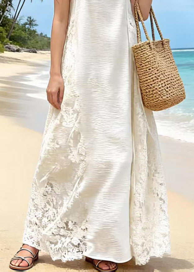 Fine Apricot Lace Patchwork Cotton Spaghetti Strap Dress Summer 4