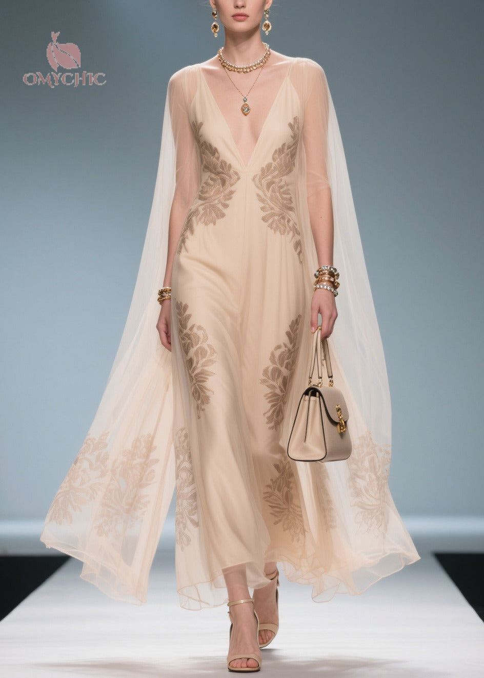Floral Lace Embroidered Deep V-Neck Sleeveless Cape Overlay Maxi Gown