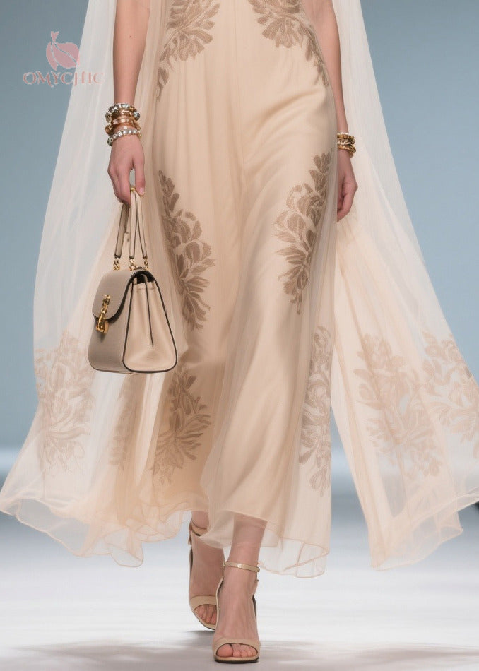 Floral Lace Embroidered Deep V-Neck Sleeveless Cape Overlay Maxi Gown