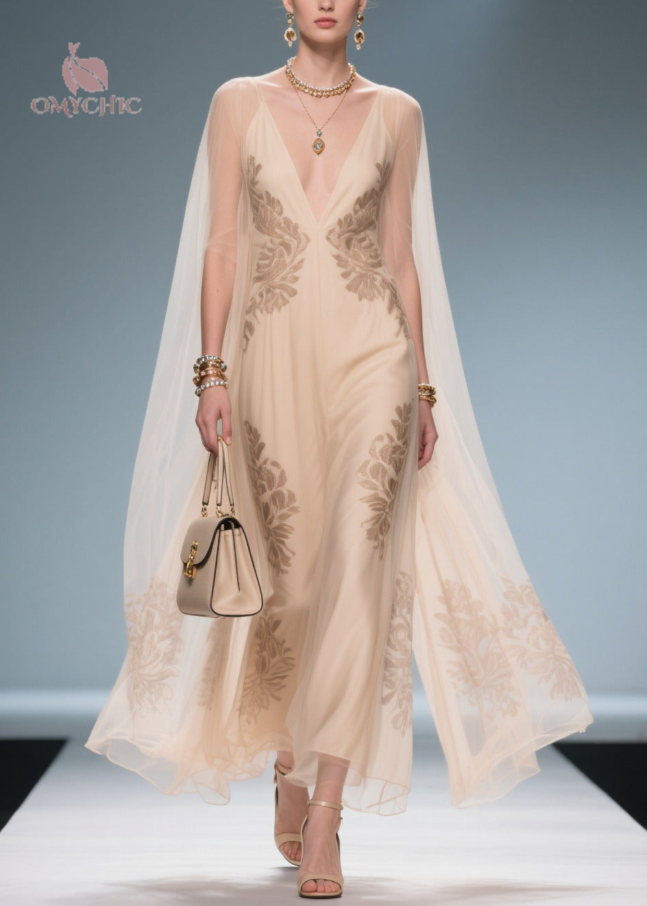 Floral Lace Embroidered Deep V-Neck Sleeveless Cape Overlay Maxi Gown - View 5