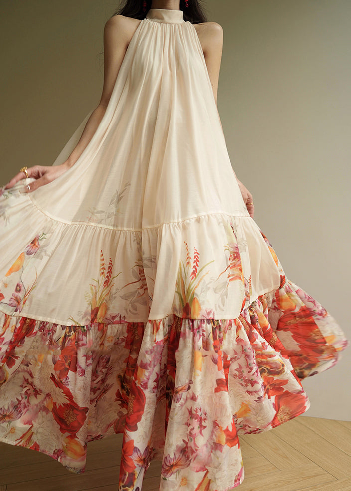 Fine Apricot Print Wrinkled Chiffon Maxi Dresses Summer - View 4