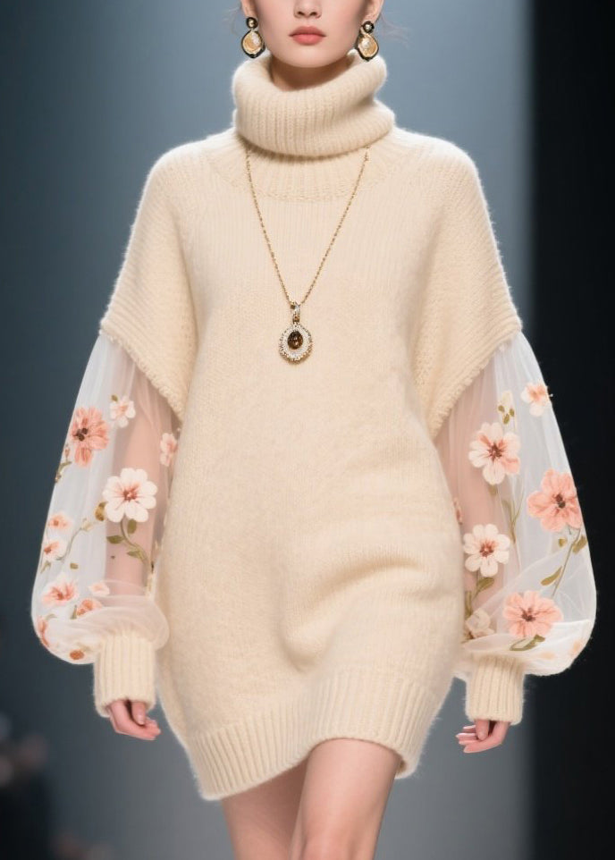 Fine Apricot Turtle Neck Patchwork Tulle Knit Mini Dress Winter - View 2