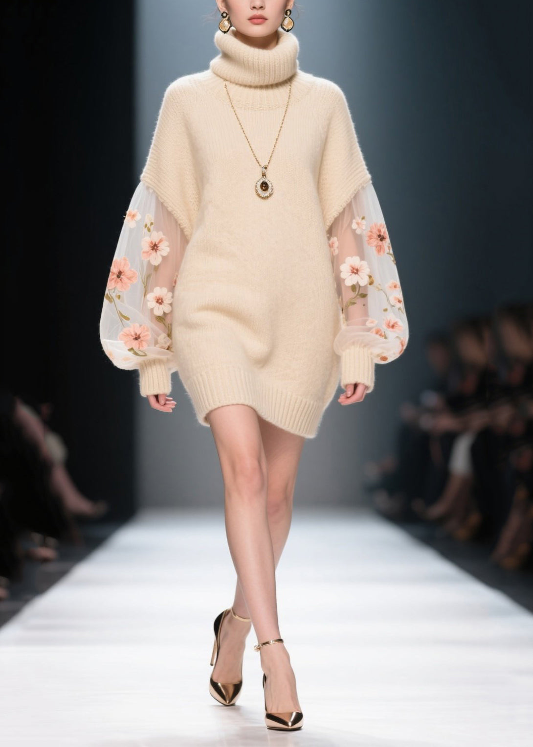 Fine Apricot Turtle Neck Patchwork Tulle Knit Mini Dress Winter - View 3