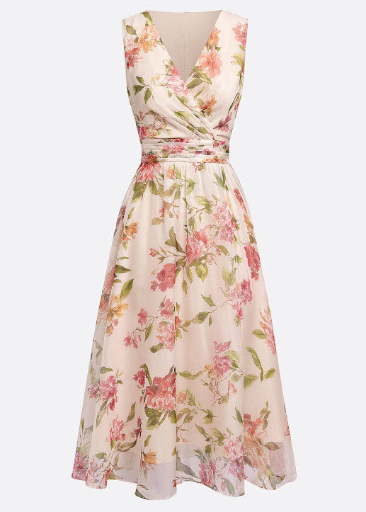Floral Print Wrap V-Neck Sleeveless Belted Pleated Midi Dress