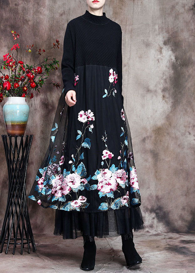 Knit Mock Neck Long Sleeve Floral Embroidered Mesh Overlay Midi Dress