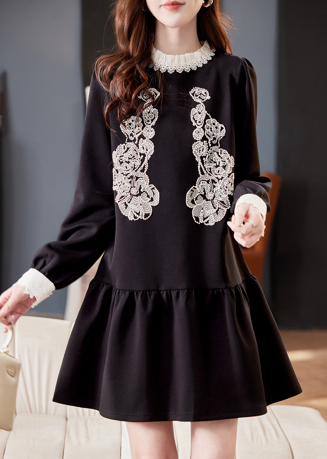 Lace Applique Peter Pan Collar Long Sleeve A-Line Mini Dress