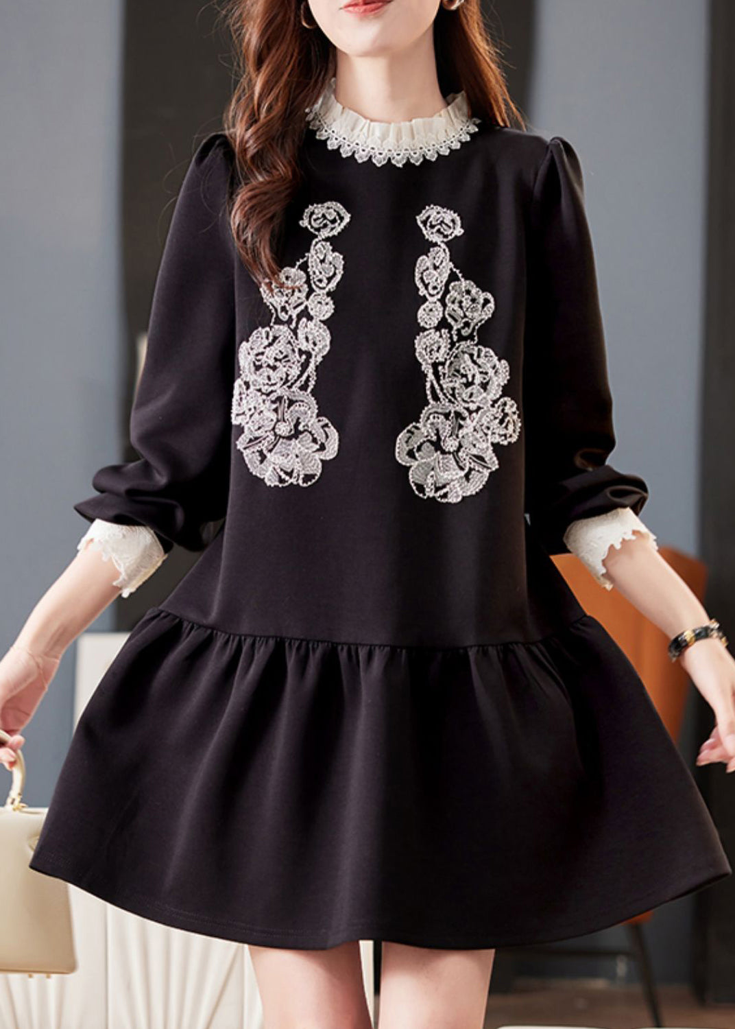 Lace Applique Peter Pan Collar Long Sleeve A-Line Mini Dress