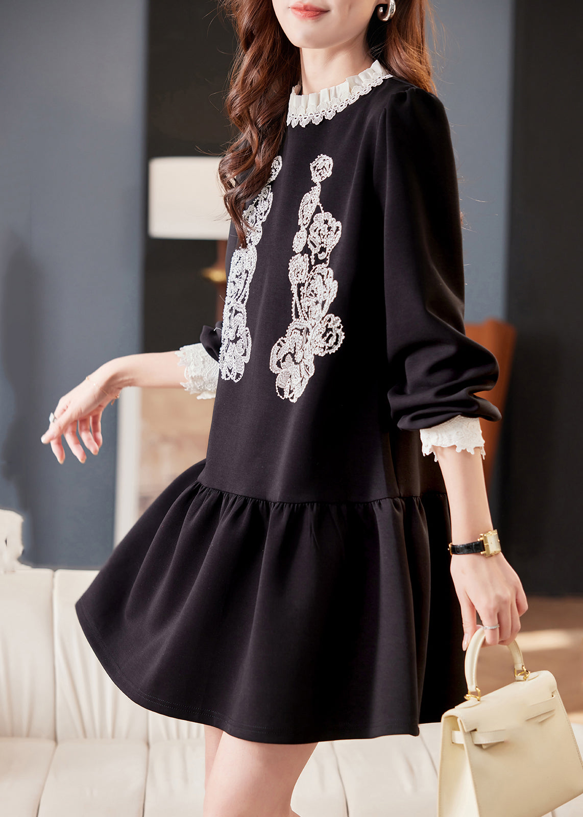 Lace Applique Peter Pan Collar Long Sleeve A-Line Mini Dress