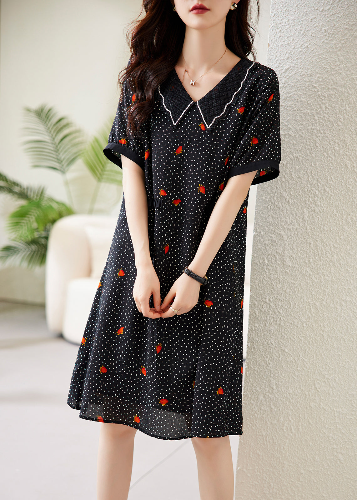 Fine Black Peter Pan Collar Dot Print Chiffon Maxi Dresses Short Sleeve - View 2