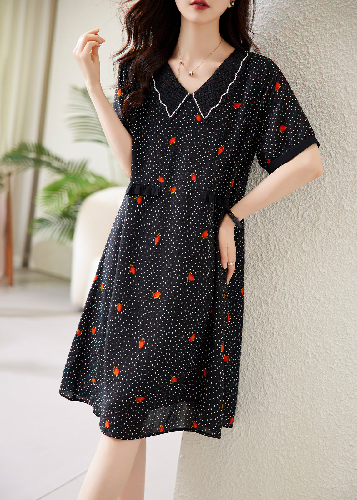 Fine Black Peter Pan Collar Dot Print Chiffon Maxi Dresses Short Sleeve - View 3