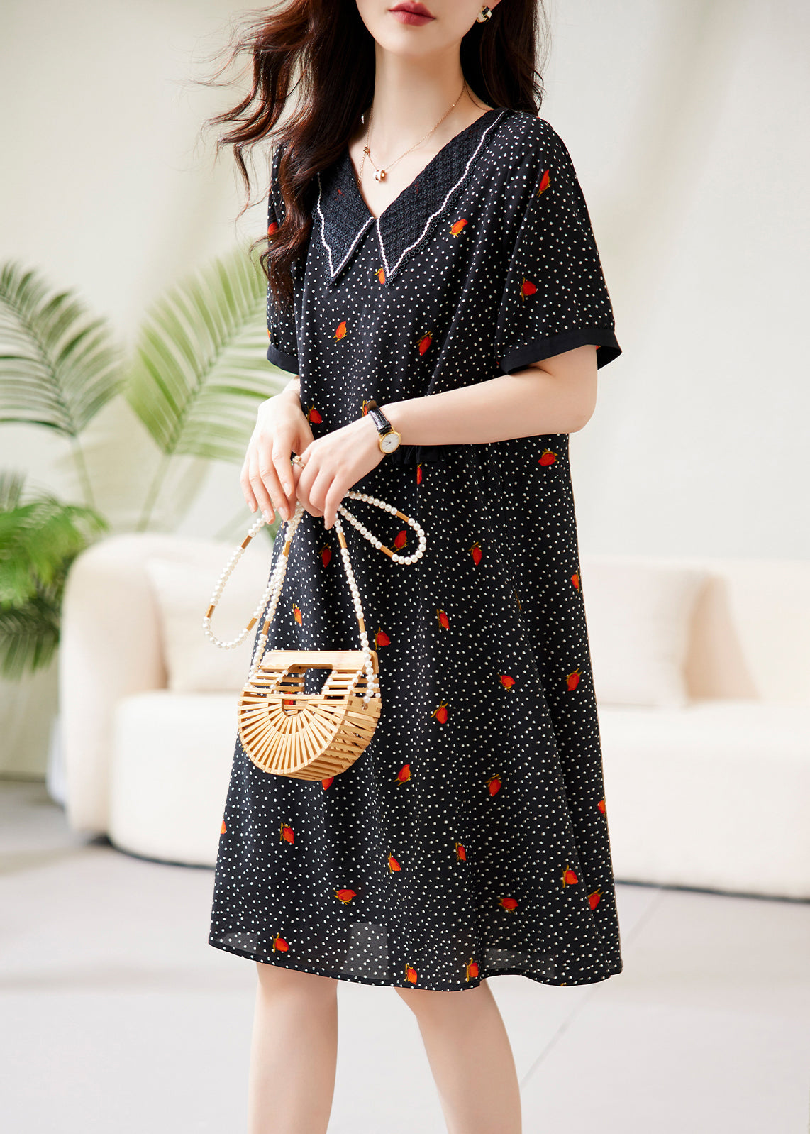 Fine Black Peter Pan Collar Dot Print Chiffon Maxi Dresses Short Sleeve - View 4