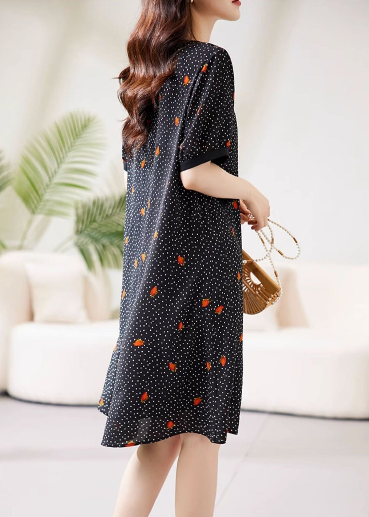 Fine Black Peter Pan Collar Dot Print Chiffon Maxi Dresses Short Sleeve - View 5