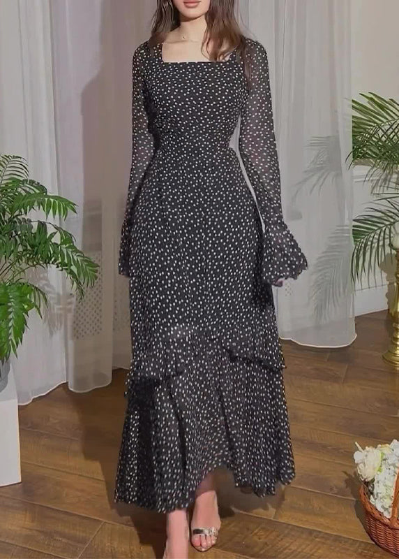 Fine Black Ruffled Print Chiffon Long Dresses Flare Sleeve 2