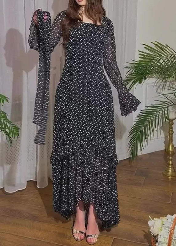 Fine Black Ruffled Print Chiffon Long Dresses Flare Sleeve 4