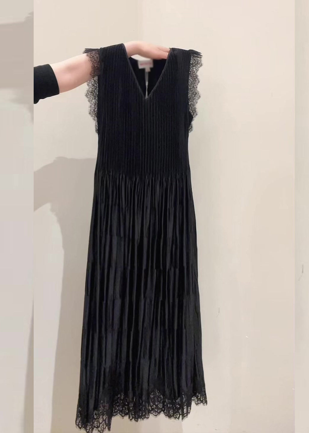 Pleated V-Neck Sleeveless Lace Trim Drop Waist Maxi Dress