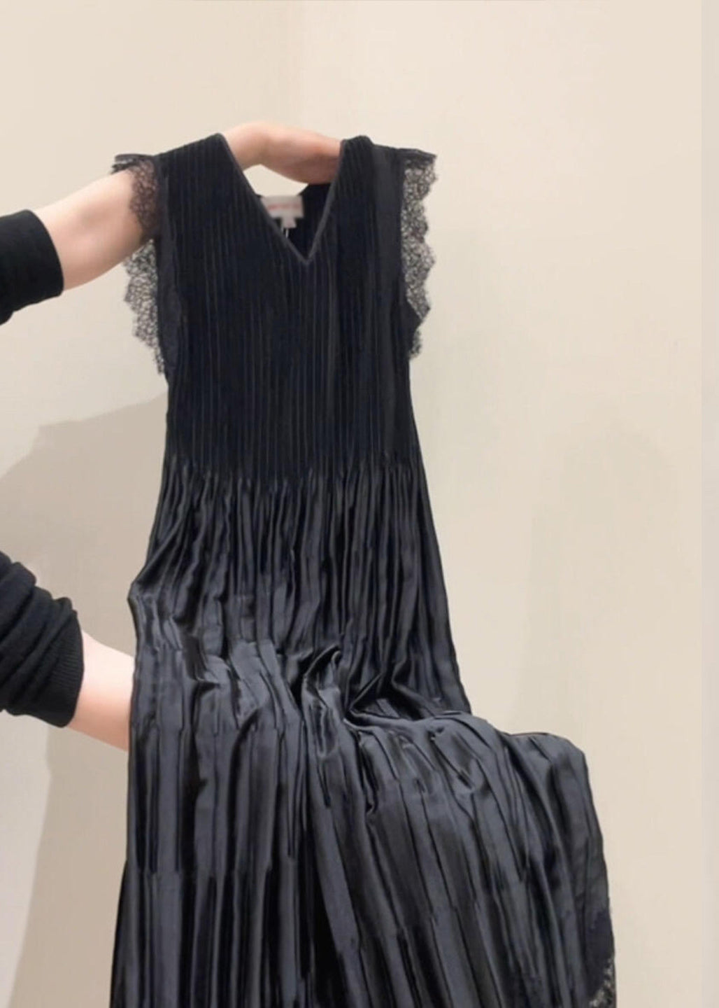 Pleated V-Neck Sleeveless Lace Trim Drop Waist Maxi Dress