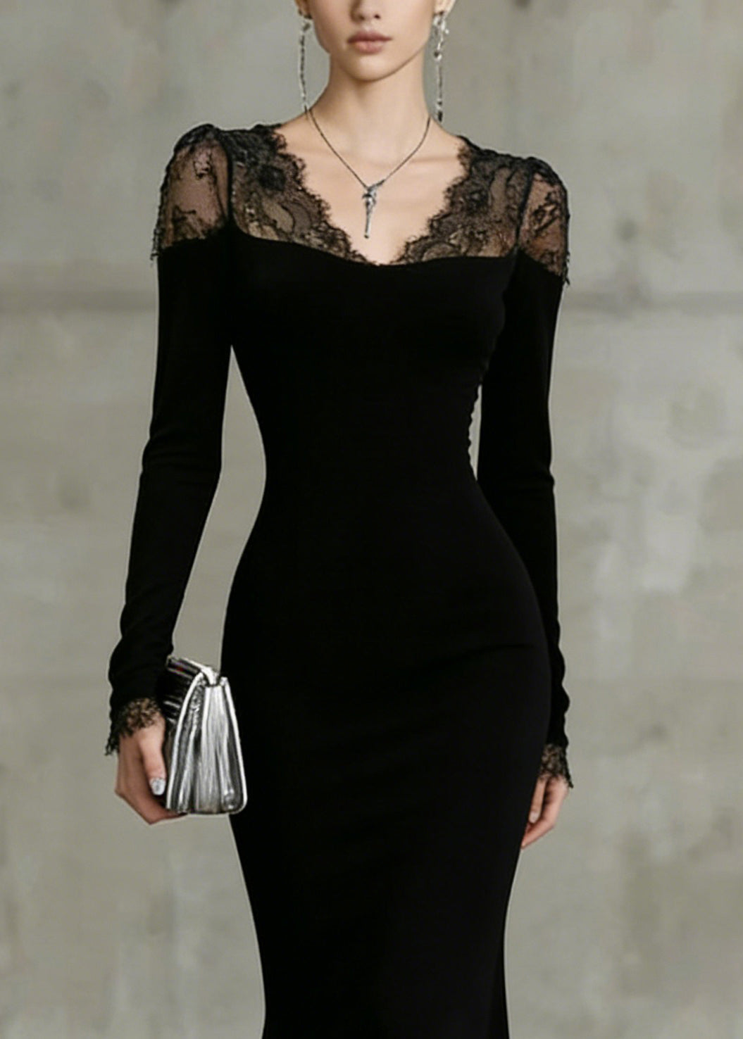Sweetheart Lace Yoke Long Sleeve Mermaid Maxi Dress