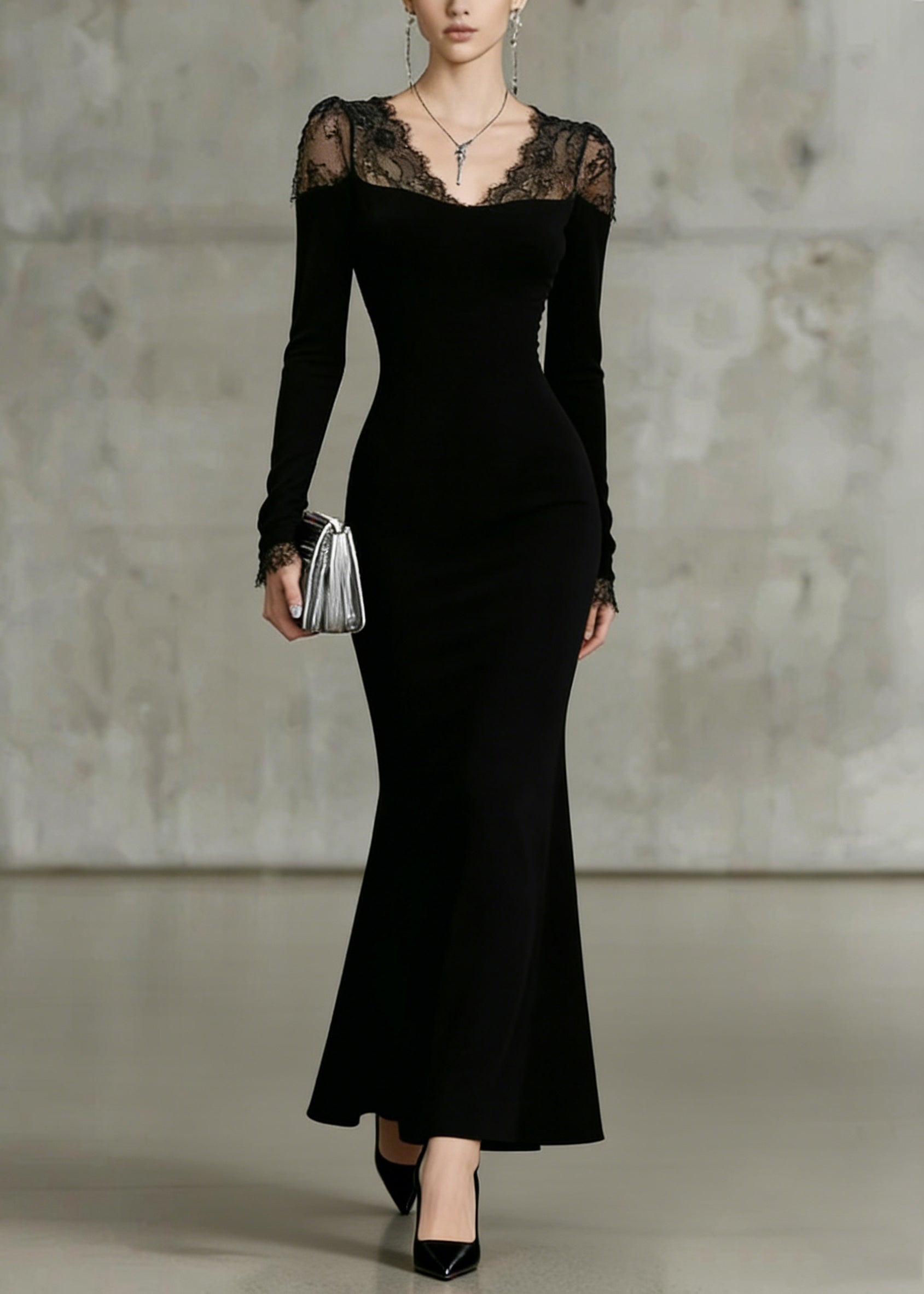 Sweetheart Lace Yoke Long Sleeve Mermaid Maxi Dress
