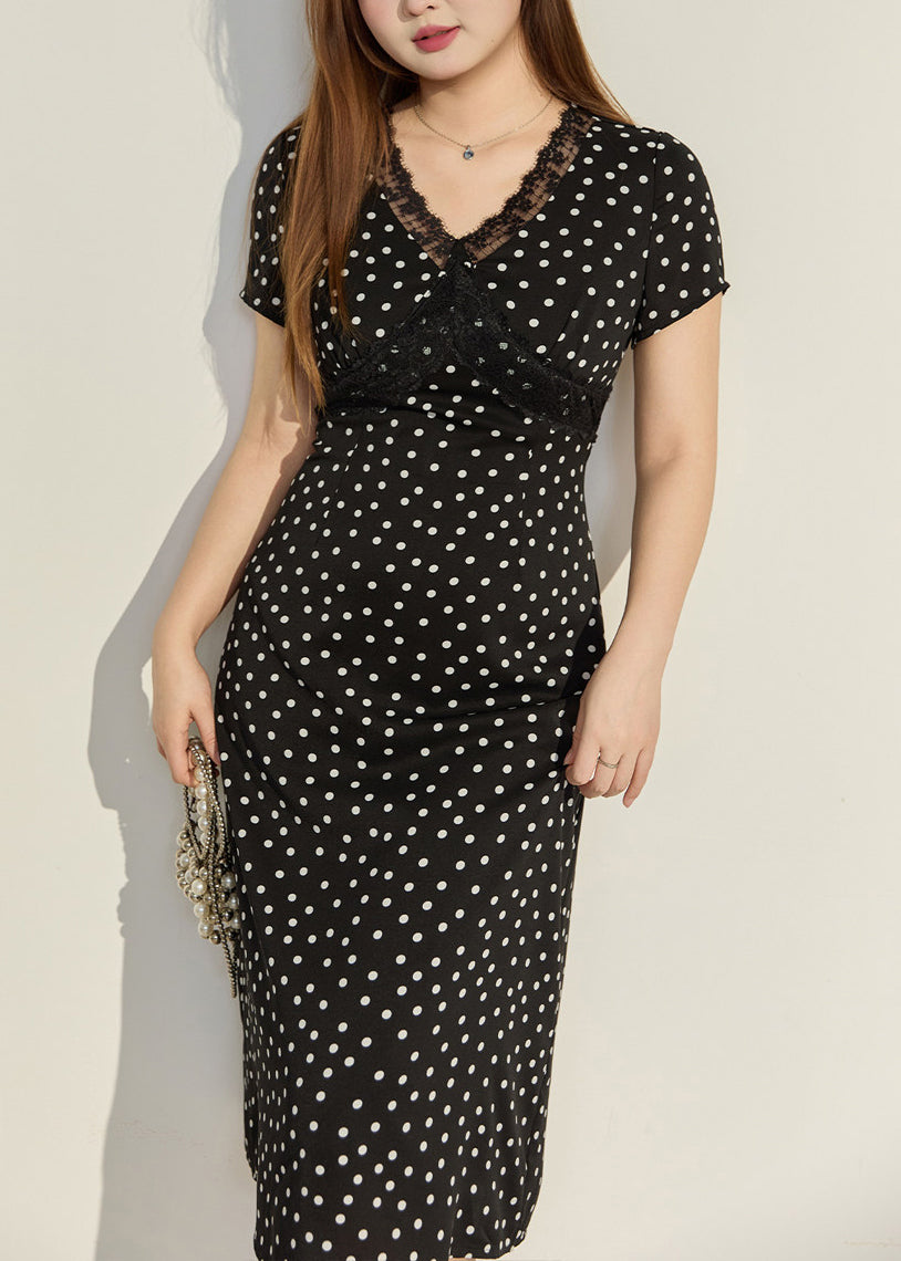 Polka Dot Lace Trim V-Neck Short Sleeve Bodycon Mini Dress