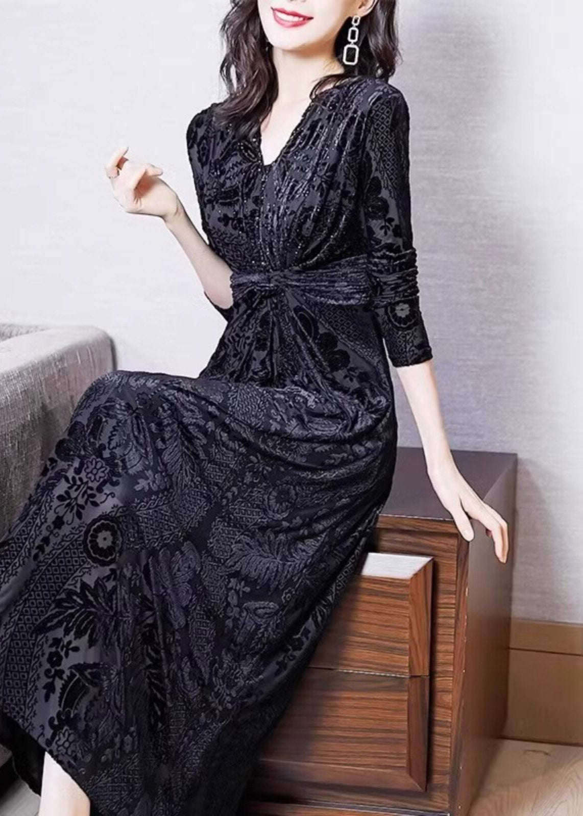 Burnout Velvet V-Neck Twist Front Long Sleeve A-Line Maxi Dress