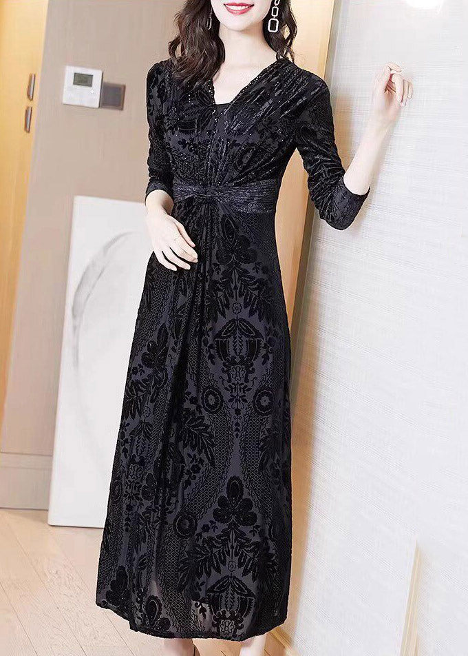 Fine Black V Neck Tunic Silk Velvet Maxi Dress Spring - View 2