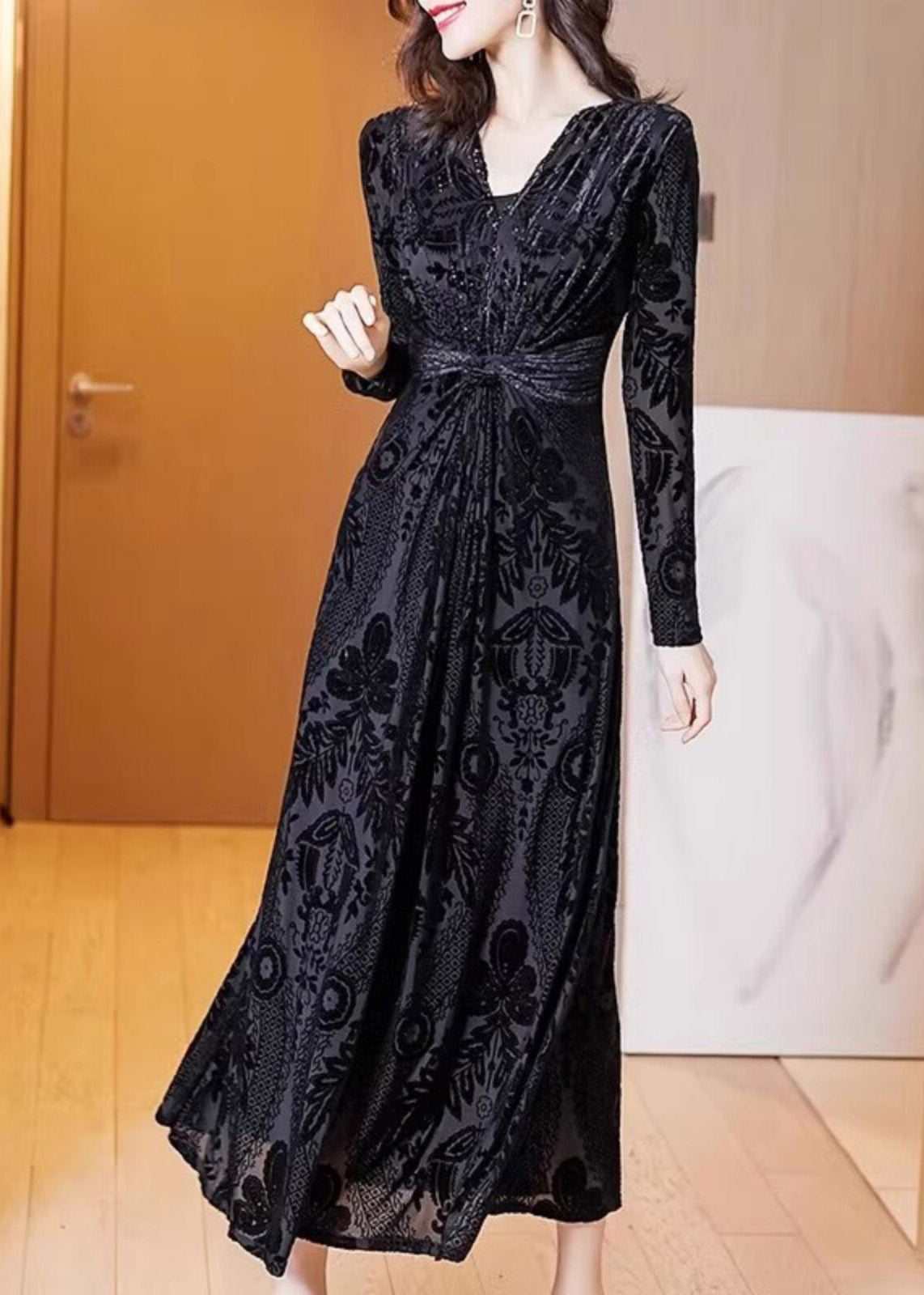 Fine Black V Neck Tunic Silk Velvet Maxi Dress Spring - View 3