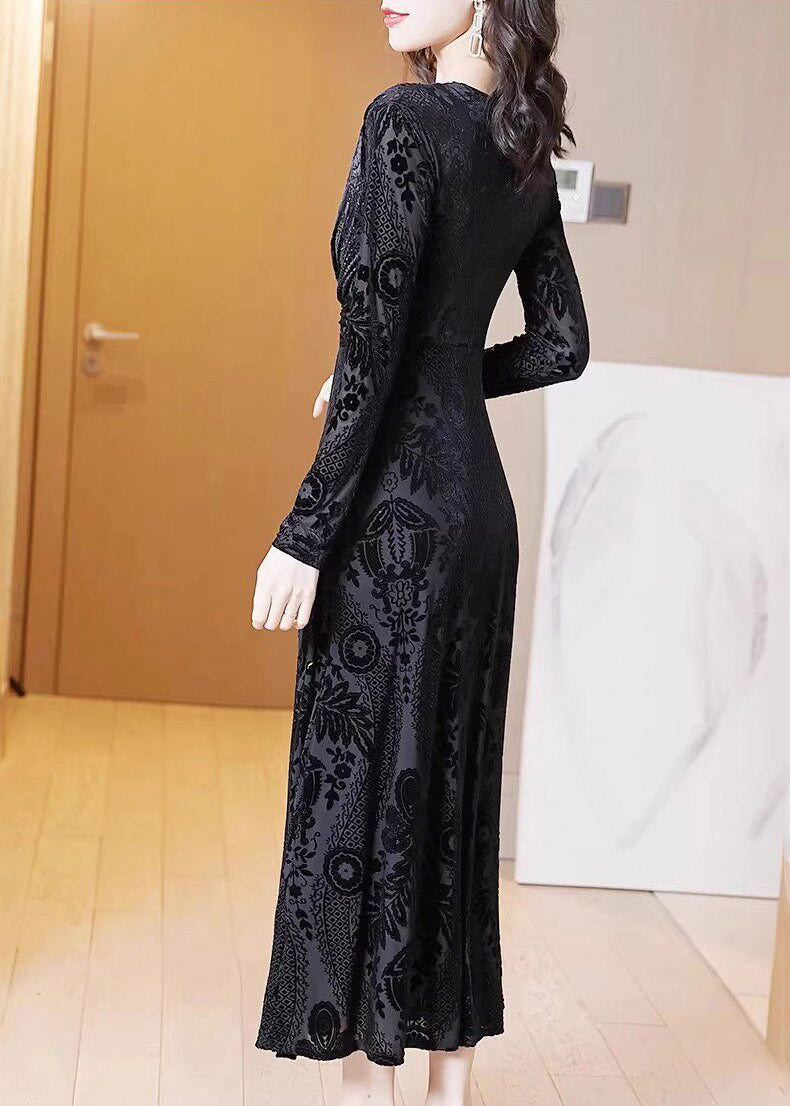 Fine Black V Neck Tunic Silk Velvet Maxi Dress Spring - View 5