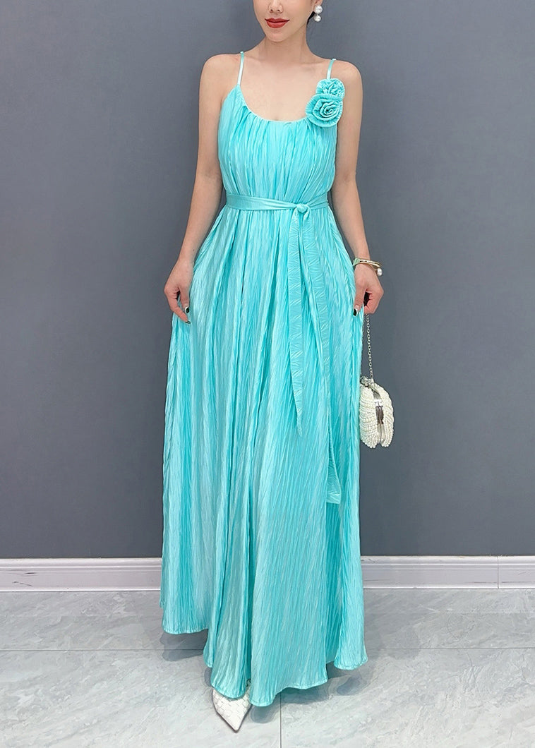 Fine Blue Cold Shoulder Floral Silk Spaghetti Strap Dress Summer - View 2