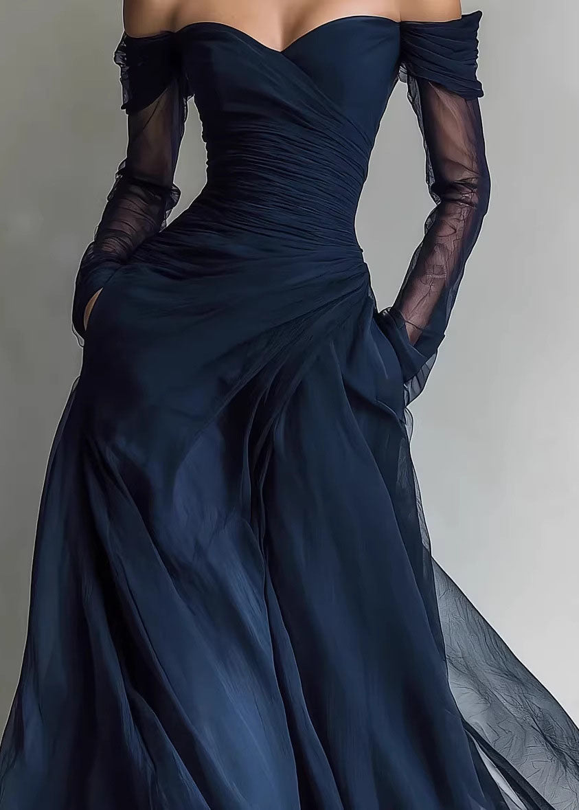 Off Shoulder Ruched Bodice Sheer Long Sleeve Tulle Pocket Maxi Gown